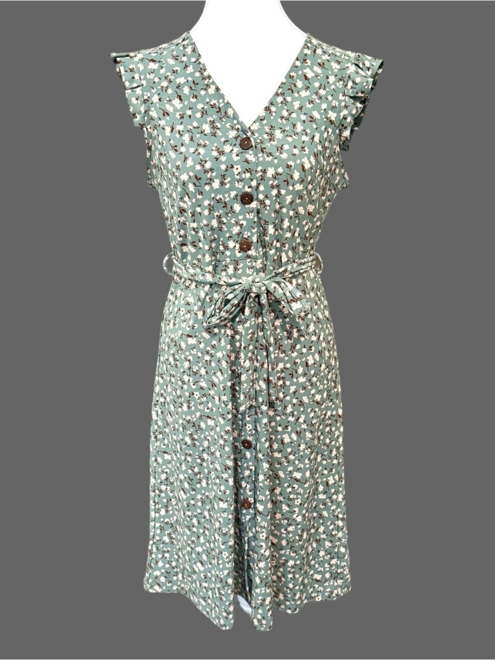 Monteau Sage Green Floral Button-Front Midi Dress with Tie Waist